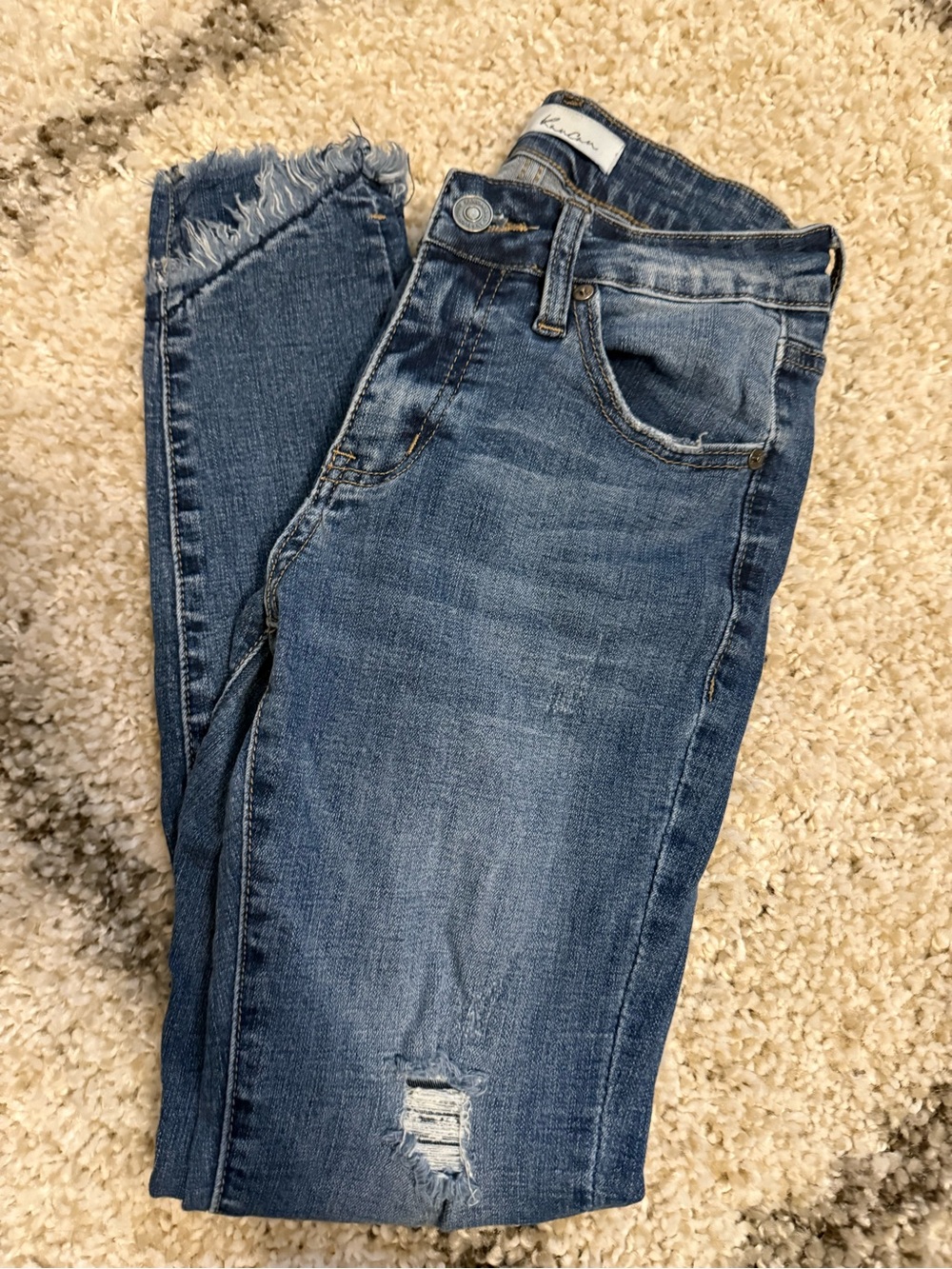 KanCan Distressed Cropped Blue Jeans with Frayed Hem
